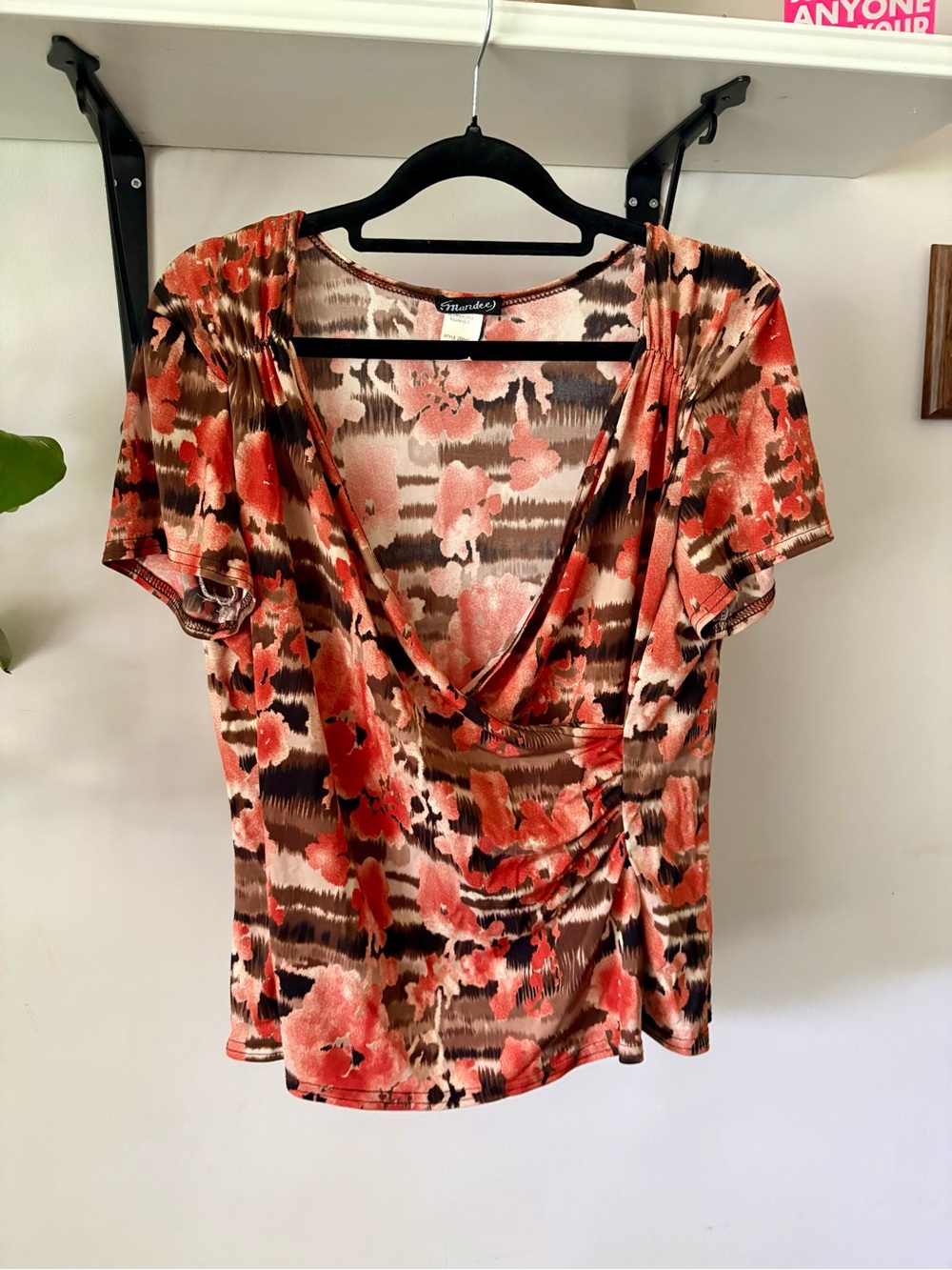 mandee Coral and Brown Floral Surplice Short Sleeve Top
